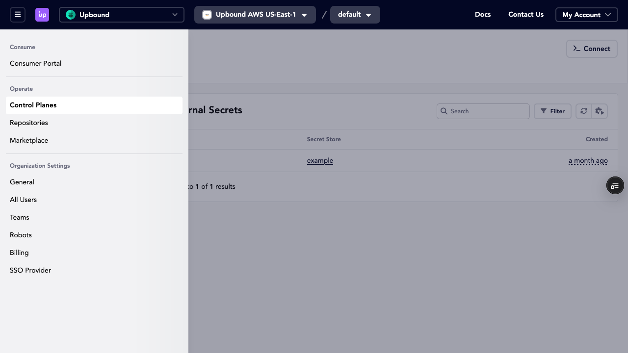 Upbound Control Plane Console Dropdown